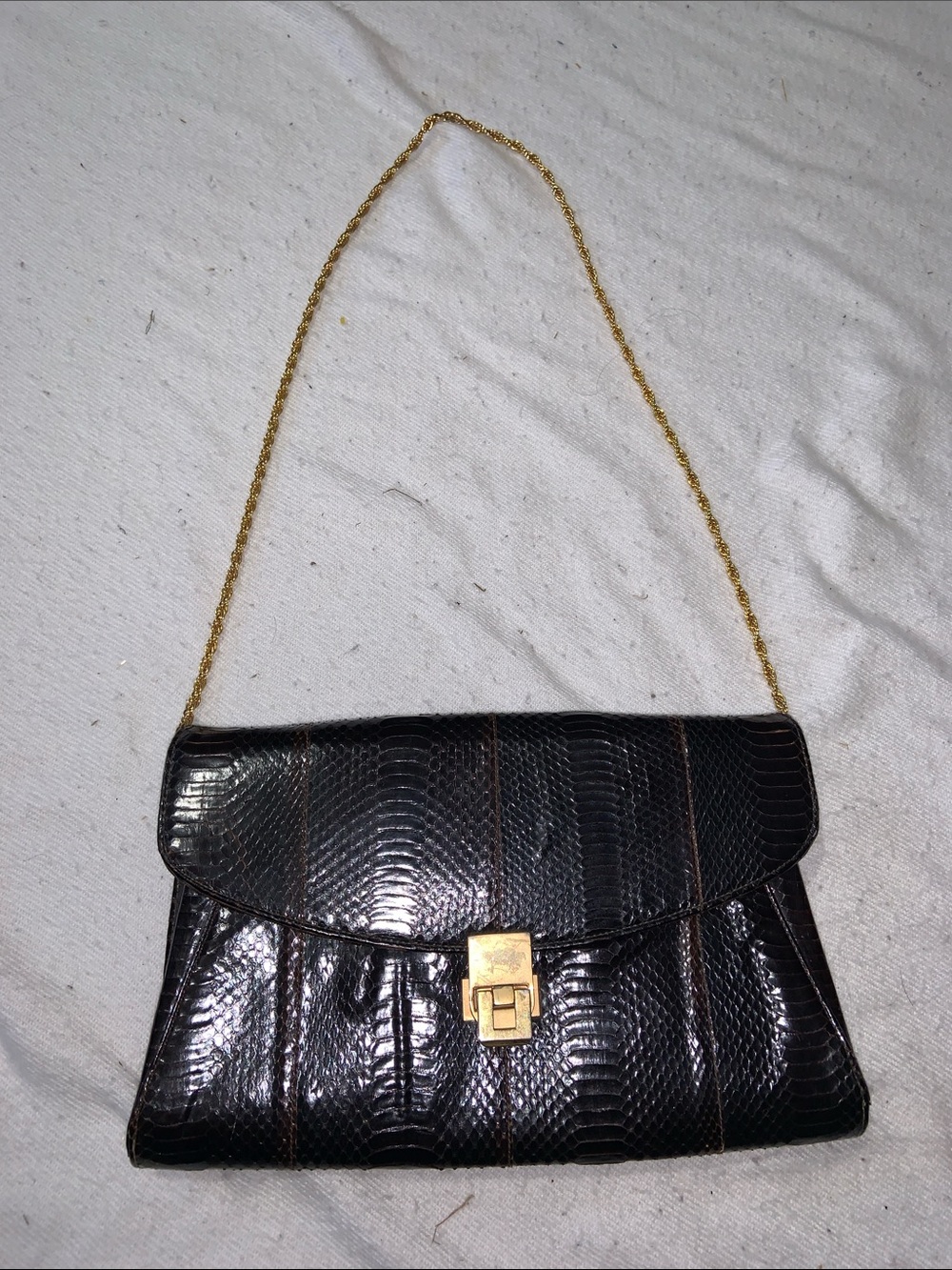 Black/Brown Textured SNAKE SKIN Shoulder Bag with Gold Chain and Lock